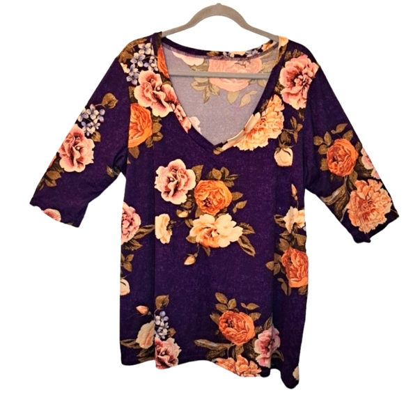 Piphany Tops - Piphany Purple V-Neck Floral Tunic Top Plus Size 2X